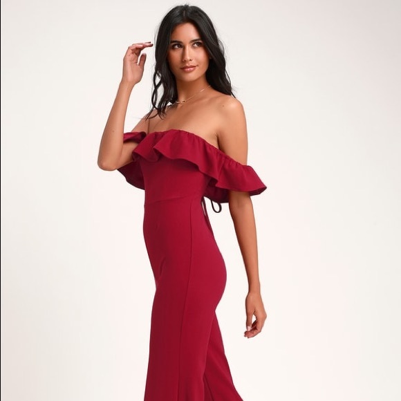 Lulus Pants - Lulu’s Red Off Shoulder Ruffle Jumpsuit